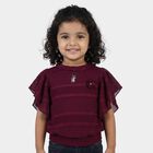 Girls' Wine Red Round Neck Ruffle Sleeve Floral T-Shirt, Wine, small