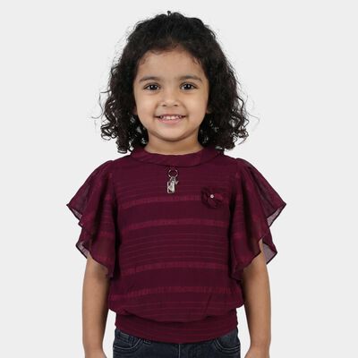 Girls' Wine Red Round Neck Ruffle Sleeve Floral T-Shirt