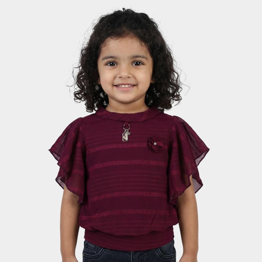 Girls' Wine Red Round Neck Ruffle Sleeve Floral T-Shirt, Wine, large