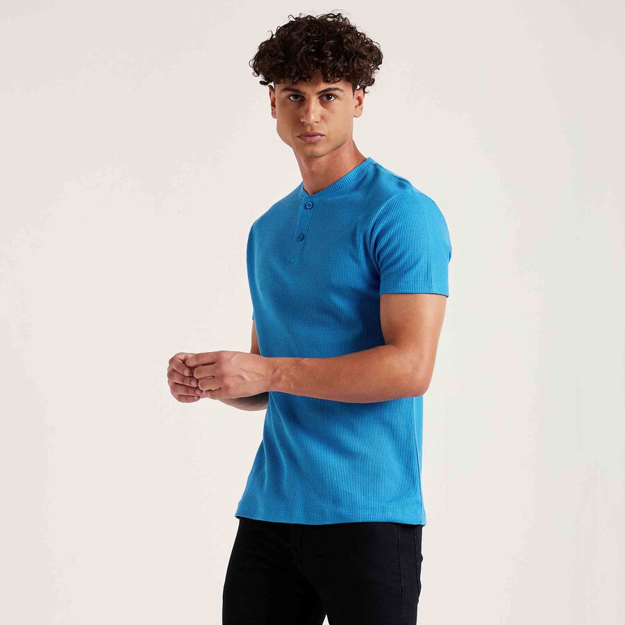 Cotton Solid Henley T-Shirt, Mid Blue, large image number null