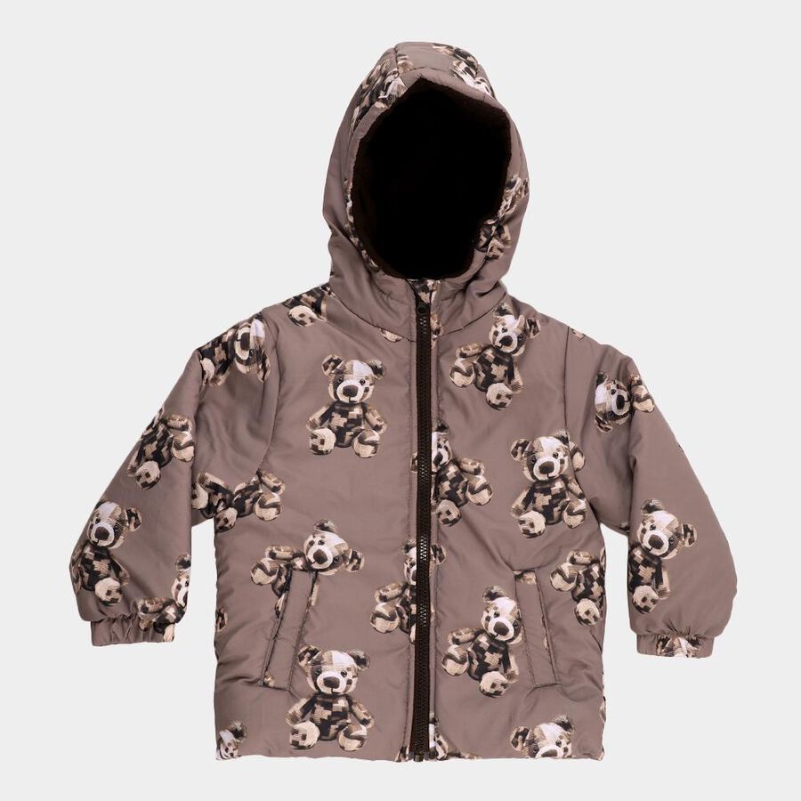 Boys Muted Brown Hooded Teddy Bear Printed Jacket, Brown, large image number null
