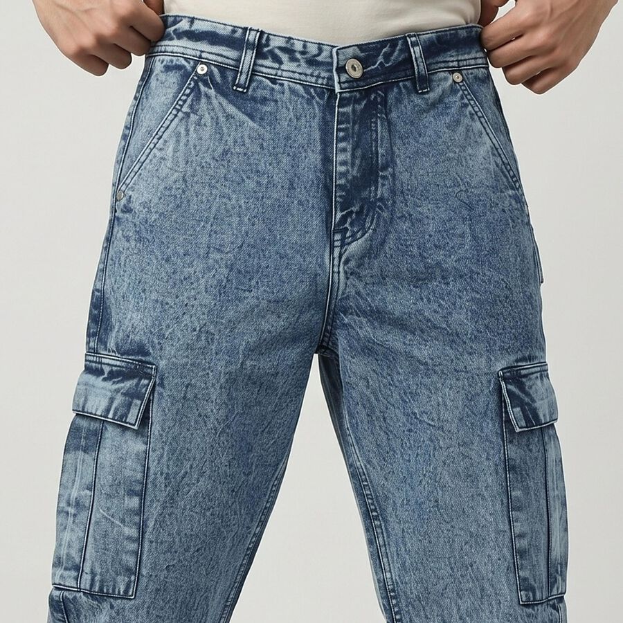 Men's Light Blue Cargo Fit Washed Jeans, Light Blue, large