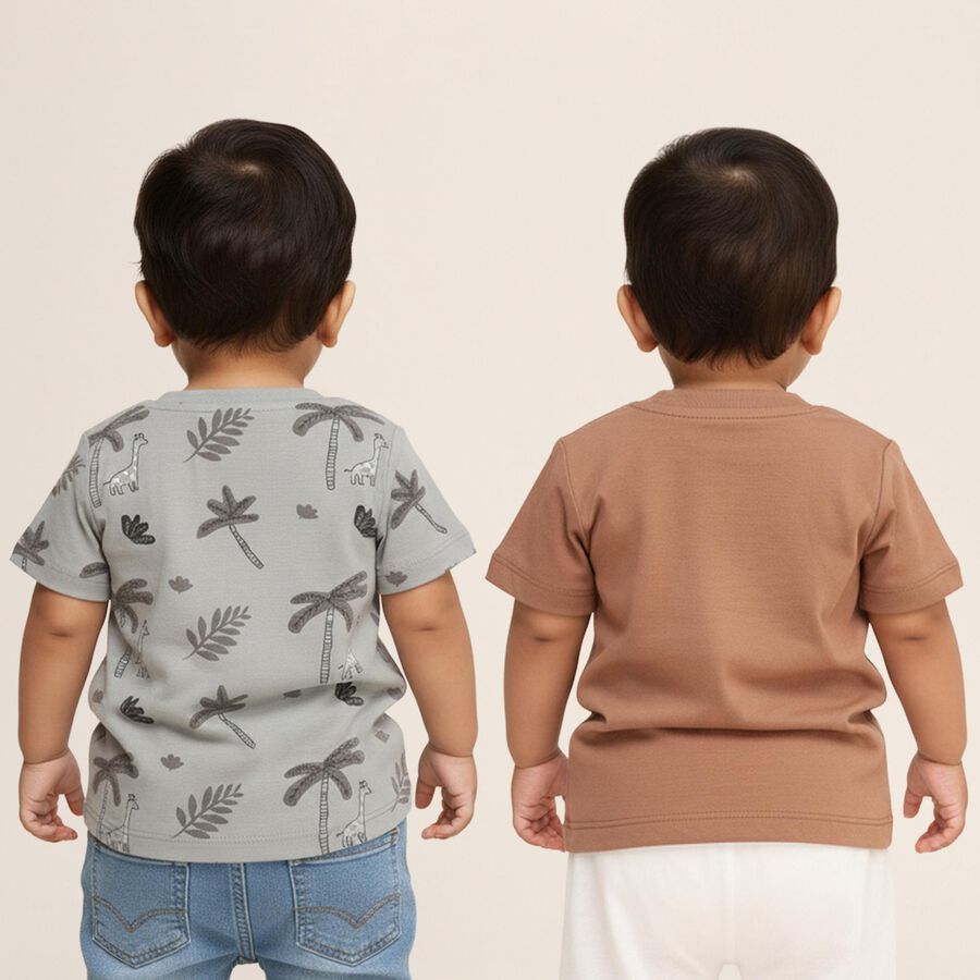 Infants Beige and Grey Cotton Round Neck Casual T-Shirt, Beige, large