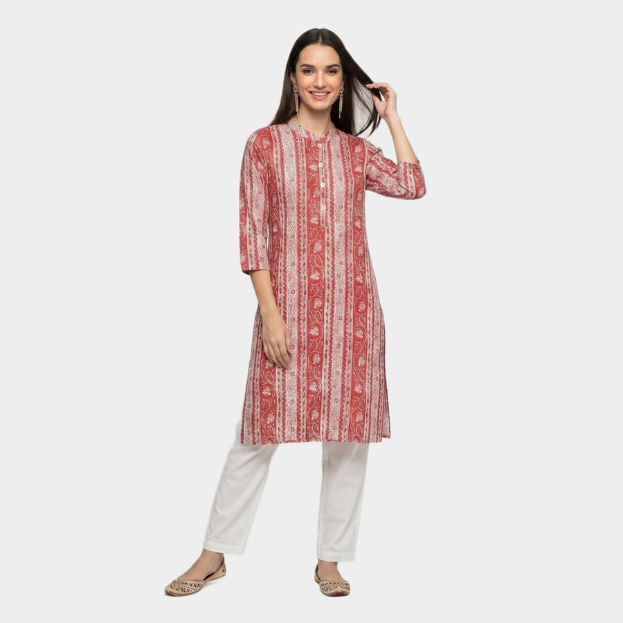 Women's Pink Band Collar Printed Straight Kurta, गुलाबी, large