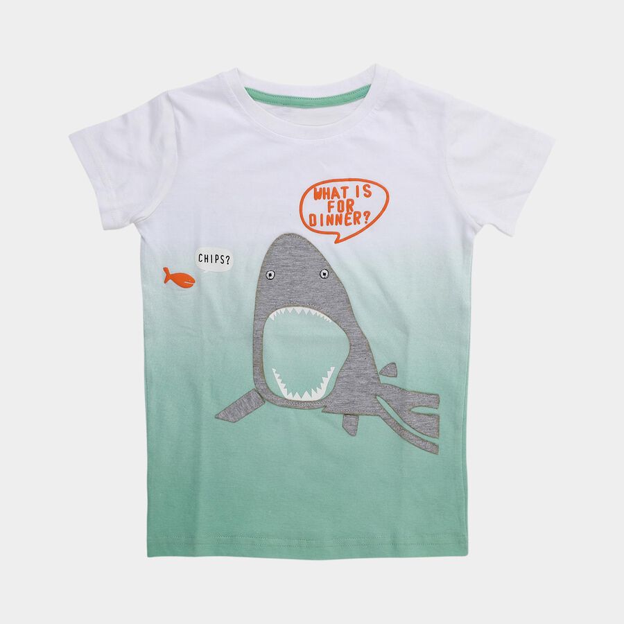 Boys' White and Mint Green Cotton Round Neck Casual T-Shirt, हल्का हरा, large