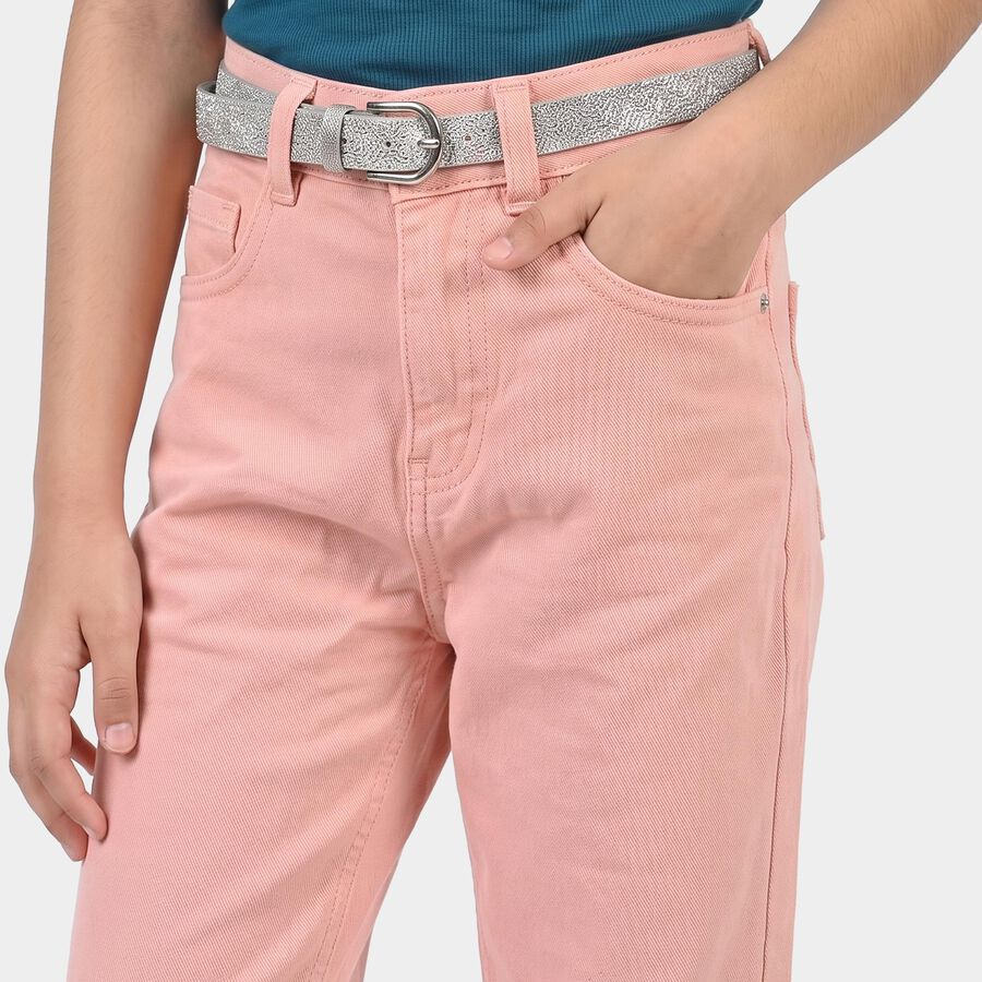 Girls Pink Straight Fit Solid Jeans, Light Pink, large