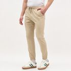Men's Beige Slim Fit Elastic Waist Jogger Trousers, Beige, small