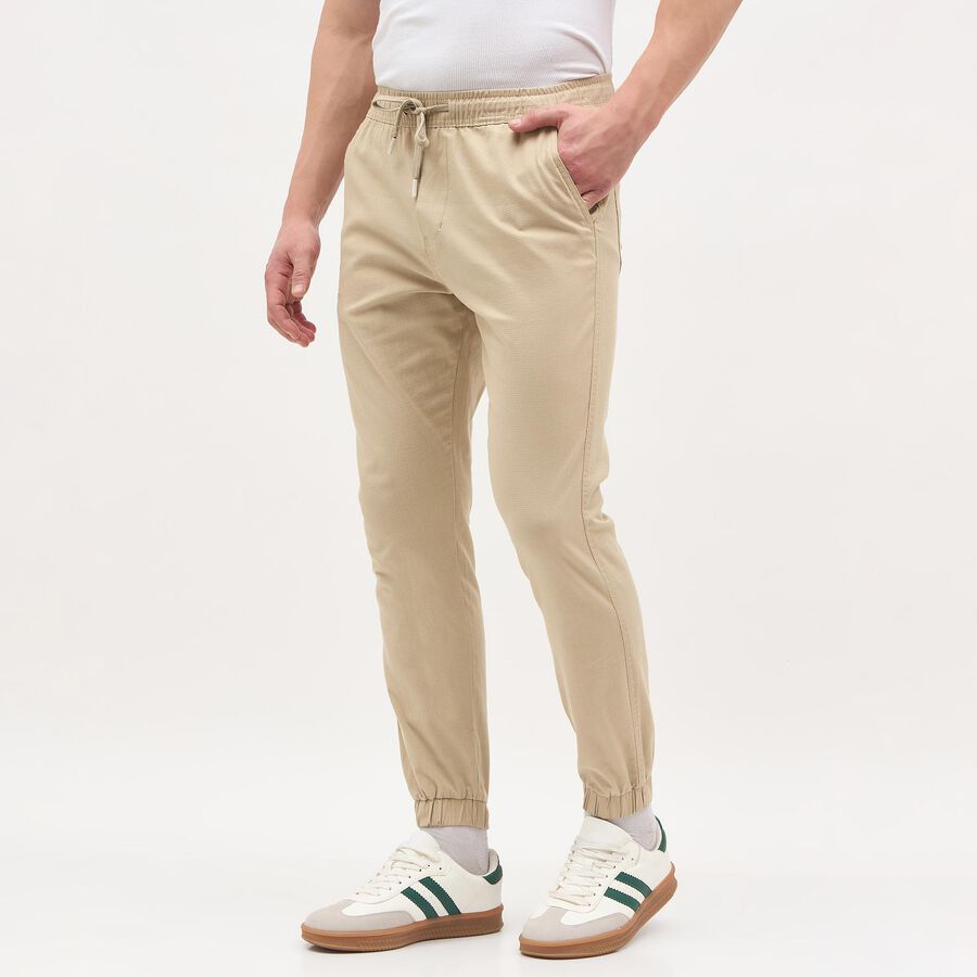Men's Beige Slim Fit Elastic Waist Jogger Trousers, Beige, large