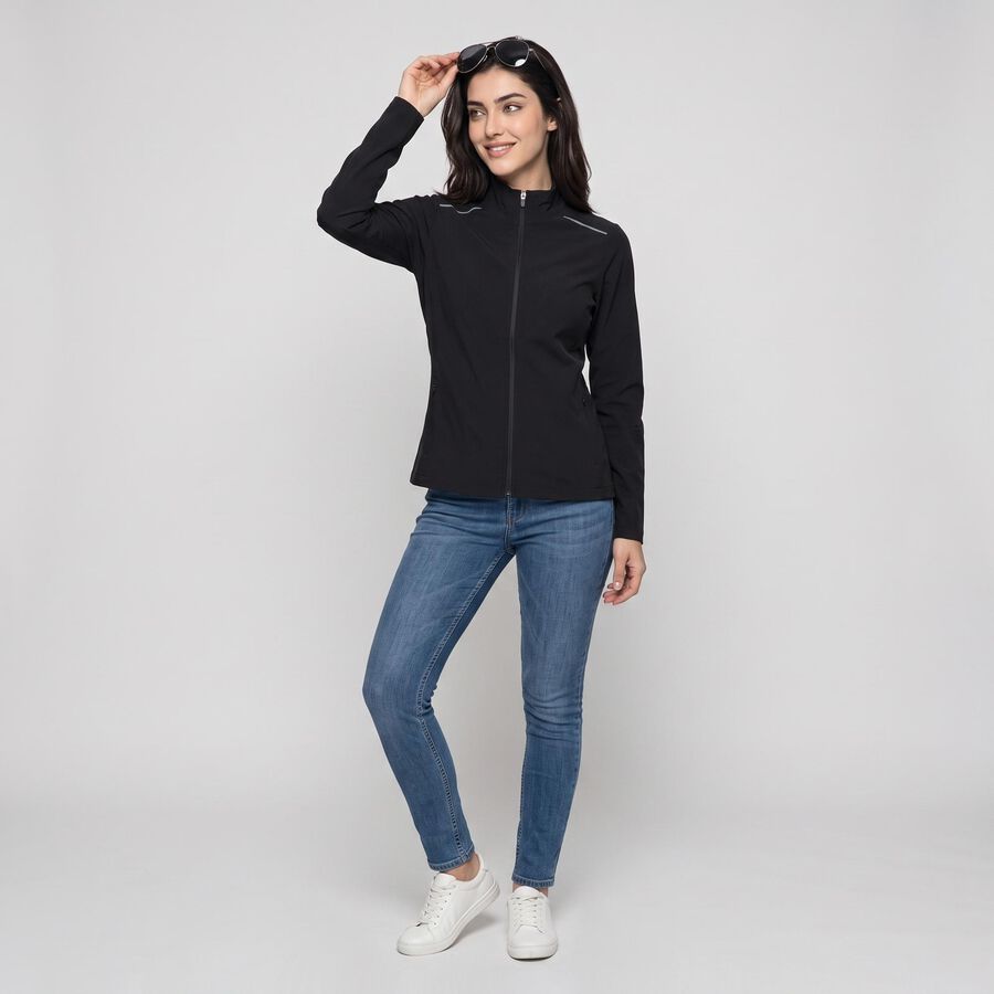 Women's Black Stand Collar Windbreaker Jacket, Black, large