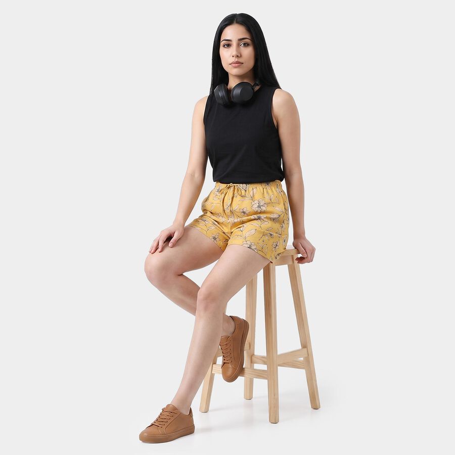 Women's Yellow Regular Fit Floral Printed Shorts, Yellow, large