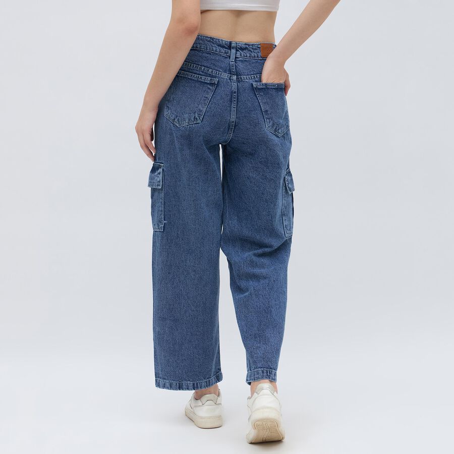 Women's Stonewashed Blue Wide Leg Cargo Jeans, मध्यम नीला, large image number null