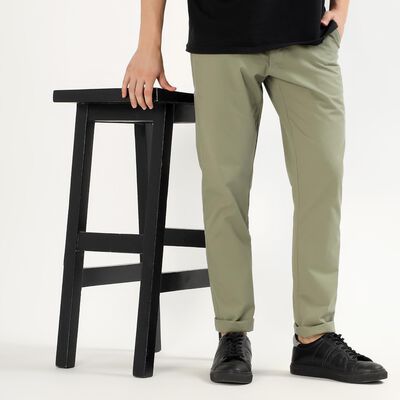 Men's Muted Sage Green Slim Fit Flat-Front Casual Trousers