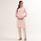 Women's Pink Mandarin Collar Floral Printed Straight Kurta, हल्का गुलाबी, small