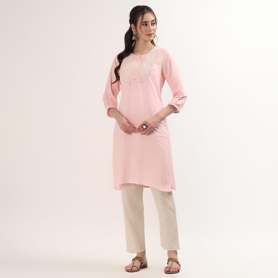 Women's Pink Mandarin Collar Floral Printed Straight Kurta, हल्का गुलाबी, large