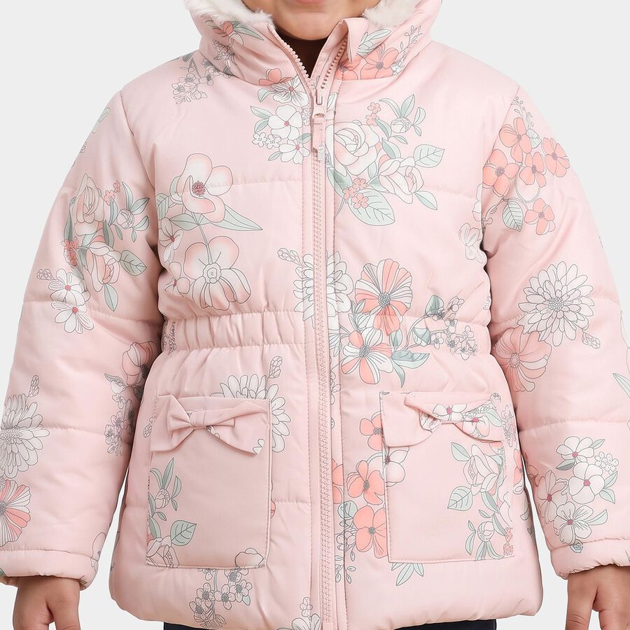 Girls Pink Hooded Floral Puffer Jacket, Light Pink, large