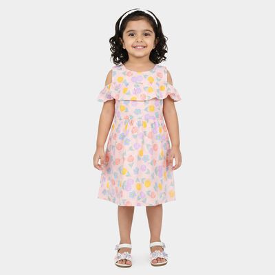 Girls' Pink Fit and Flare Floral Printed Cold Shoulder Frock