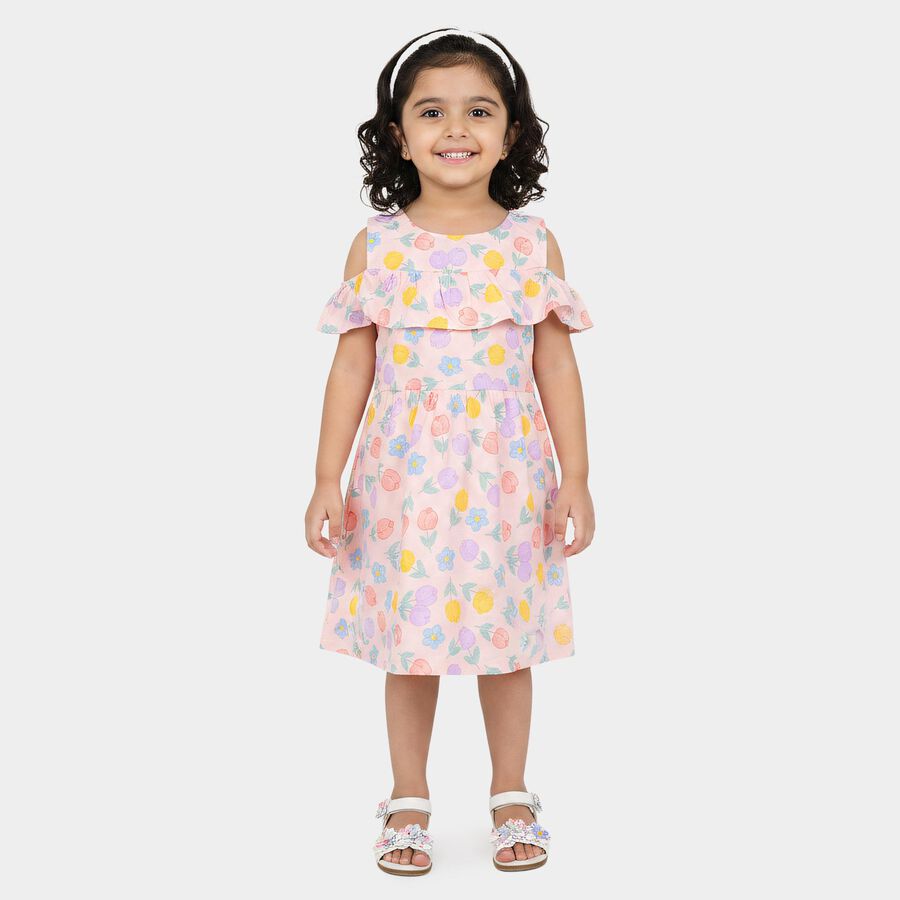 Girls' Pink Fit and Flare Floral Printed Cold Shoulder Frock, Light Pink, large