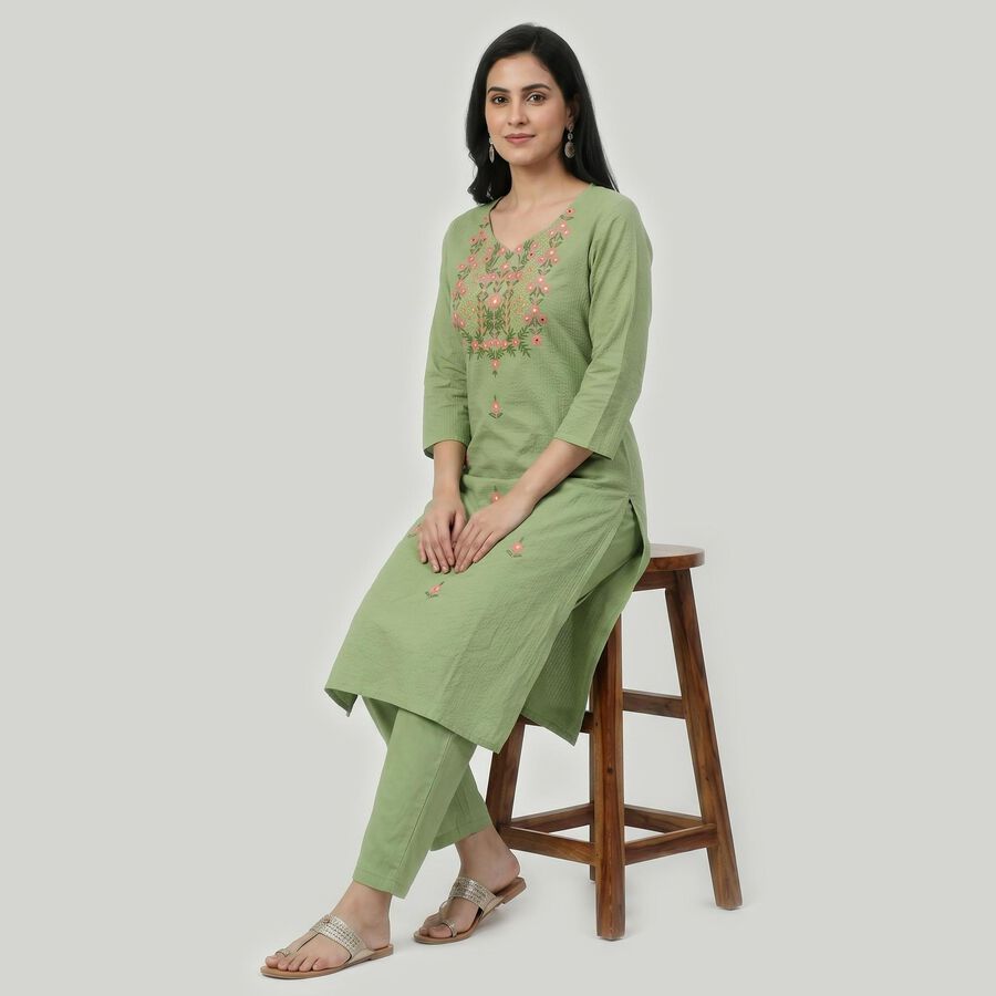 Women's Green Cotton Embroidered Ethnic Set, Light Green, large