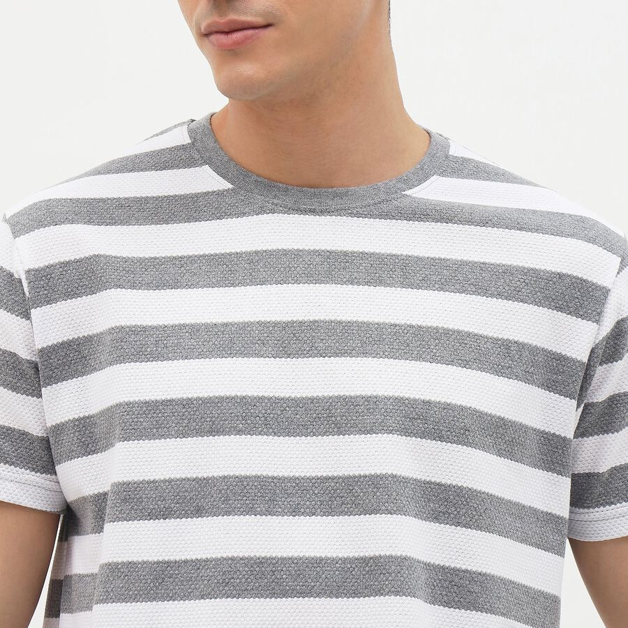 Men's Light Grey and White Round Neck Casual T-Shirt, Light Grey, large