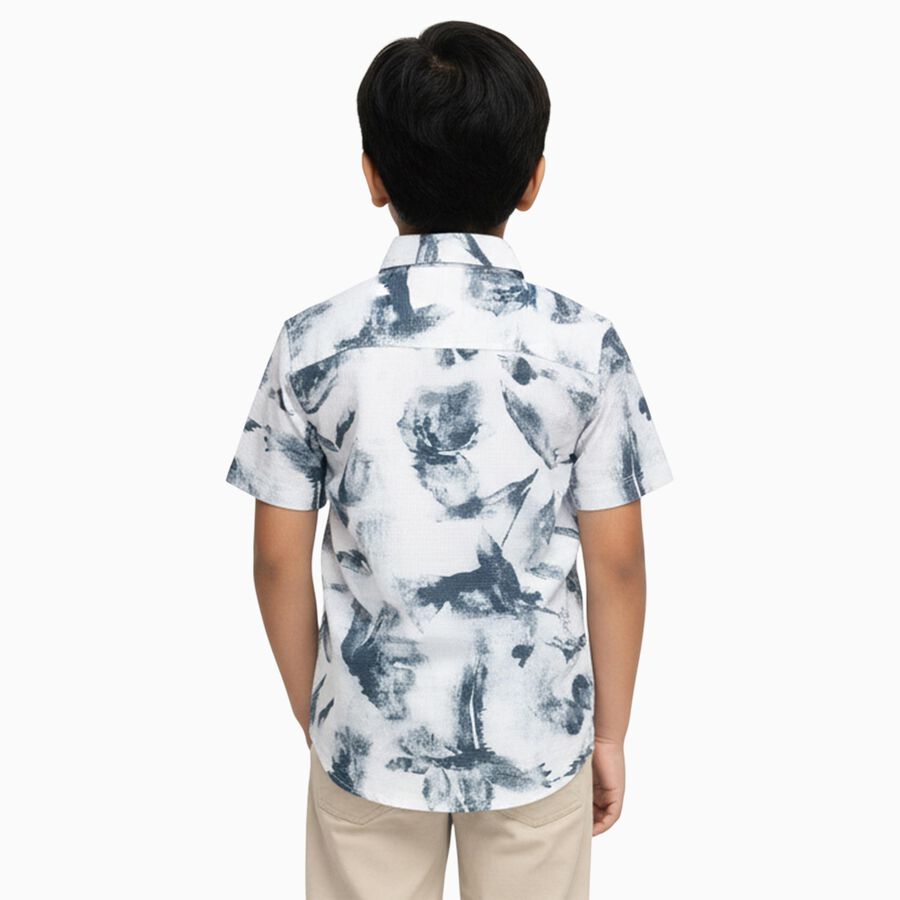 Boys' White and Navy Printed Half Sleeve Classic Collar Casual Shirt, White, large