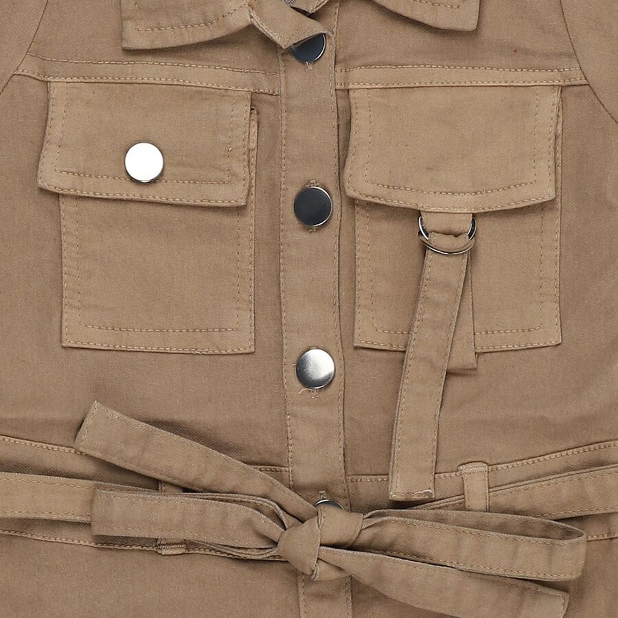 Girls' Beige Shirt-Style Cotton Blend Casual Frock, Beige, large image number null