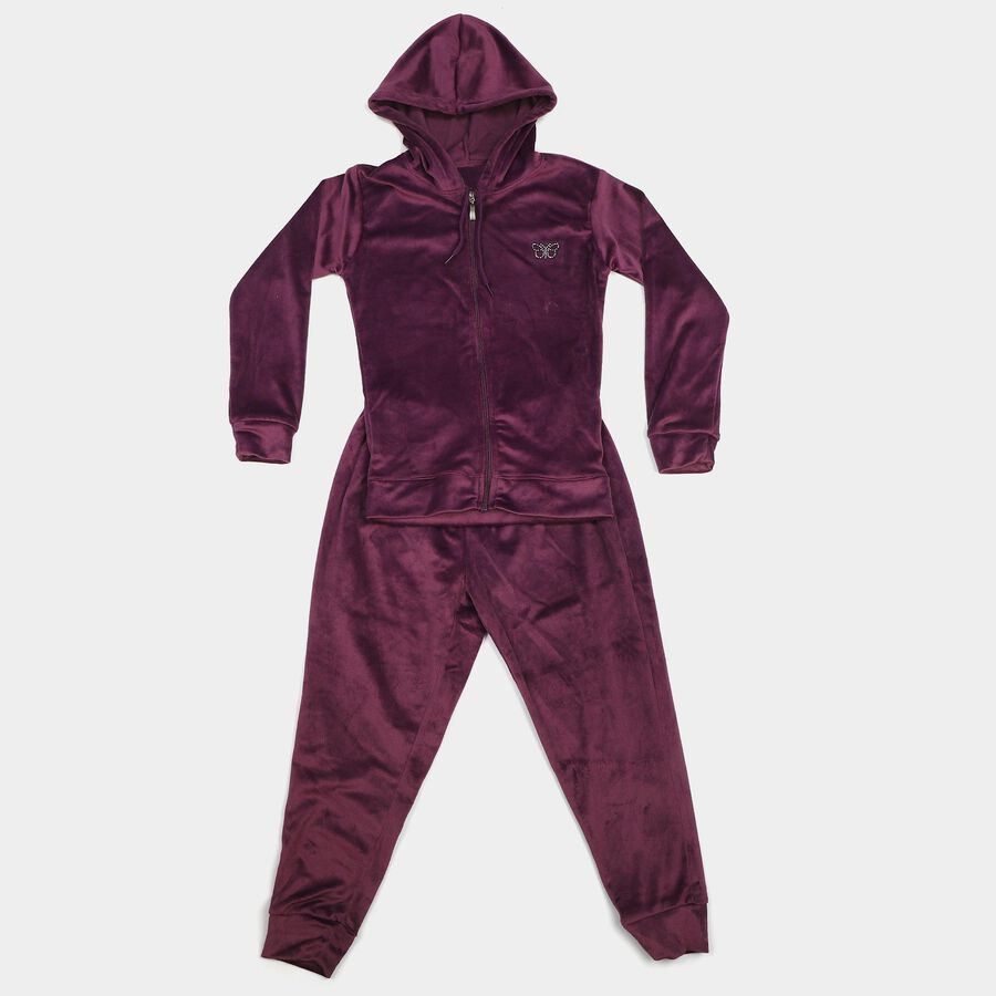Girls Purple Hooded Neck Lounge Style Hipster Set, Purple, large