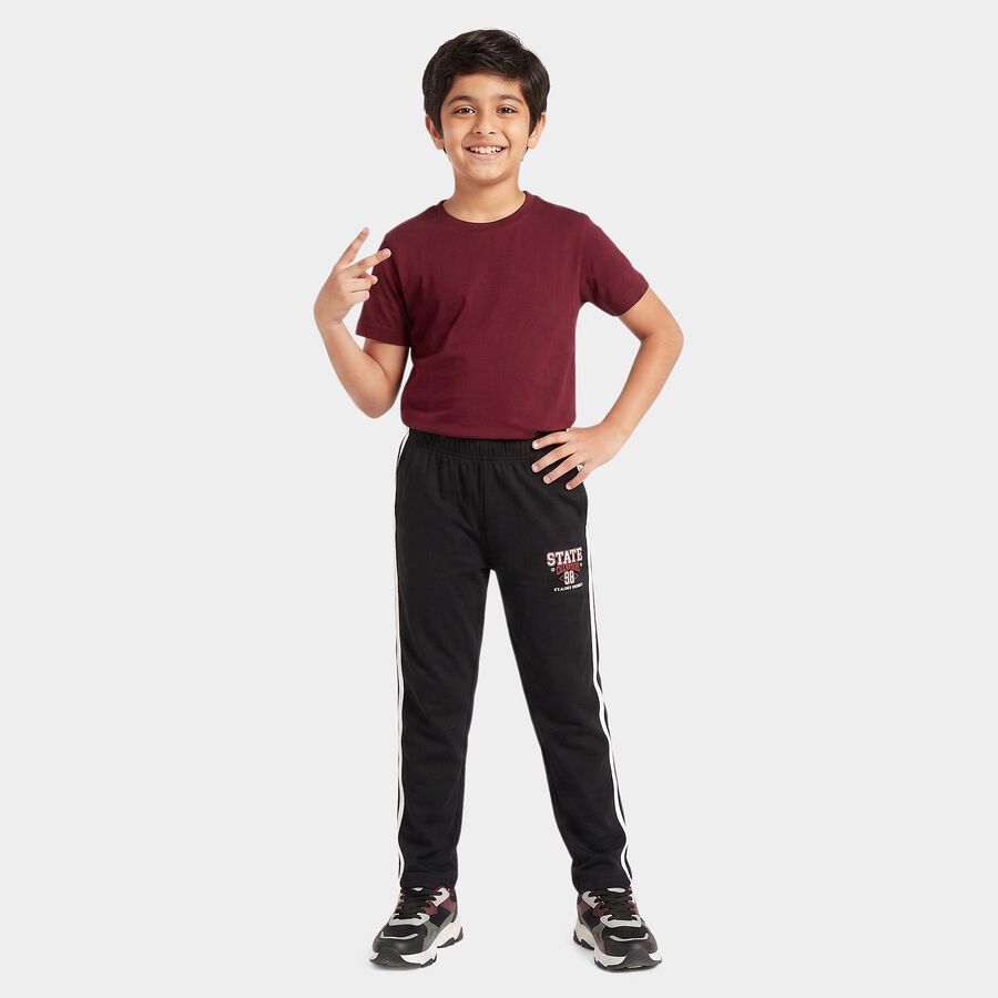Boys' Black Straight Fit Side Stripe Printed Cotton Blend Pyjama, काला, large