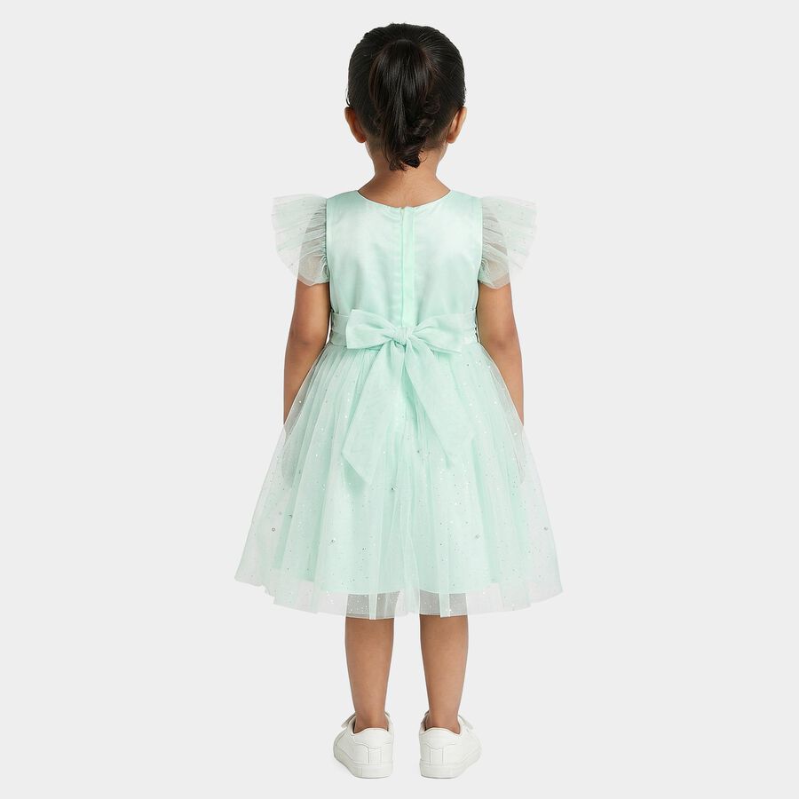 Girls' Mint Green Fit and Flare Floral Applique Party Wear Frock, हल्का हरा, large