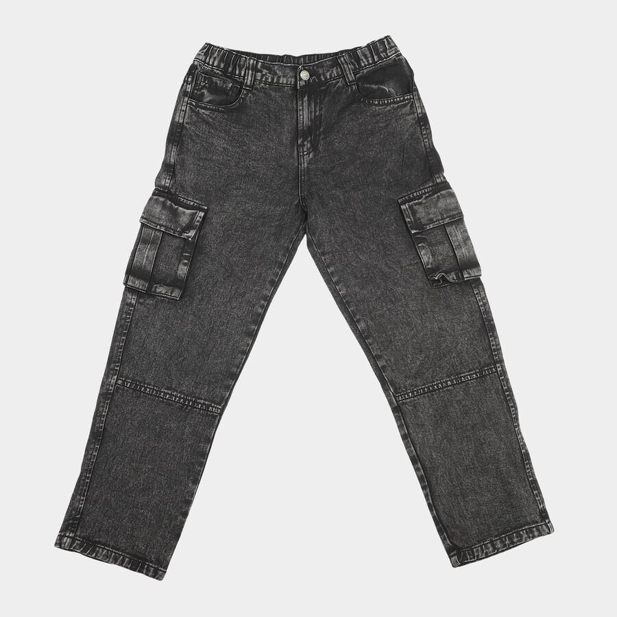 Boys' Black Cargo Fit Washed Jeans, Black, large