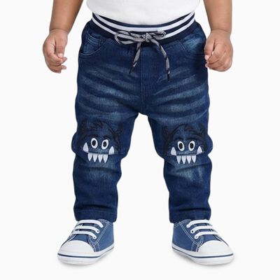 Boys' Dark Indigo Blue Relaxed Fit Monster Embroidered Jeans