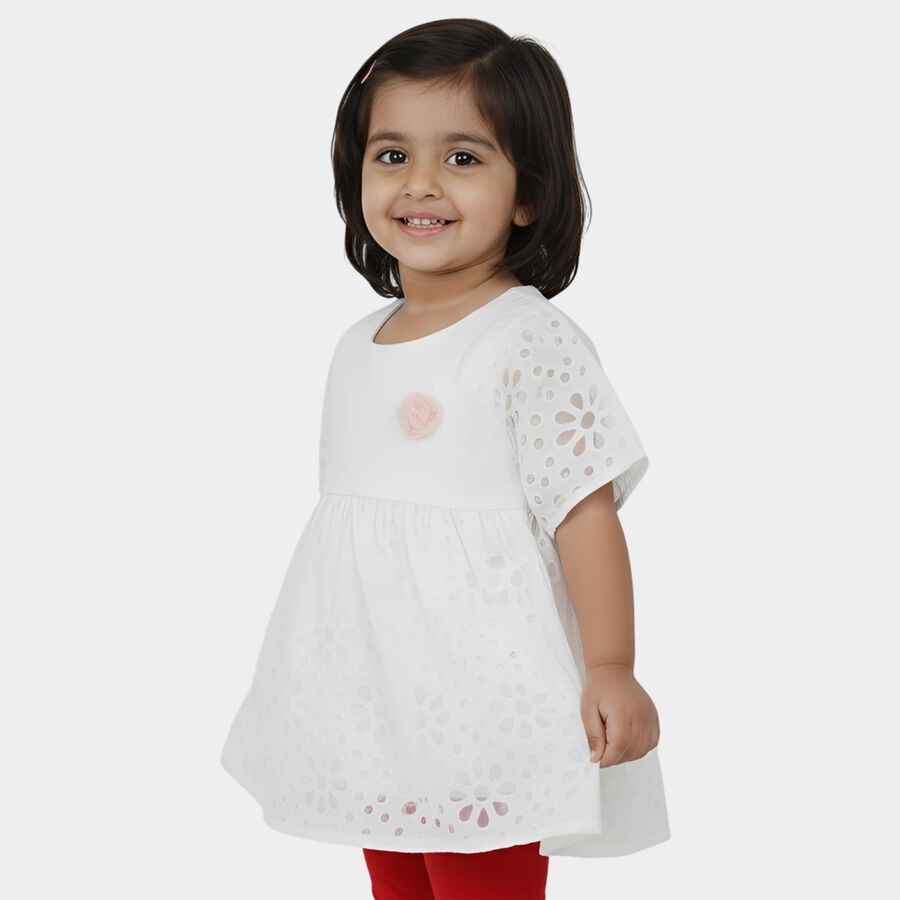 Girls White Round Neck Casual Dress, White, large