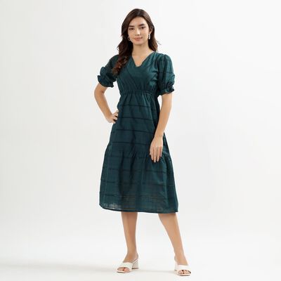 Women's Deep Forest Green Cotton V-Neck Empire Dress