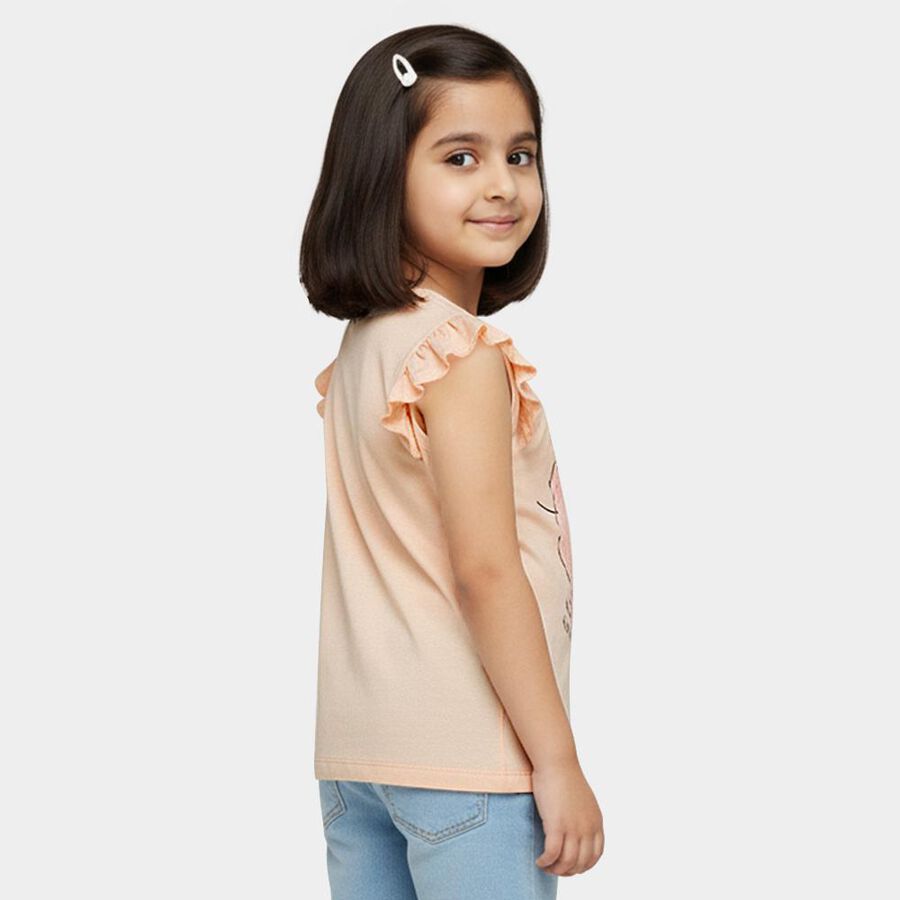 Girls Light Peach Cotton Round Neck Ruffle Sleeve Graphic T-Shirt, हल्का गुलाबी, large image number null