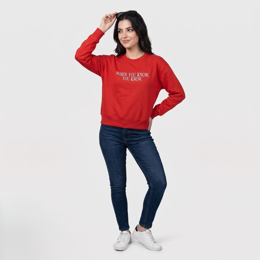 Women Red Crew Neck Graphic Print Sweatshirt, लाल, large