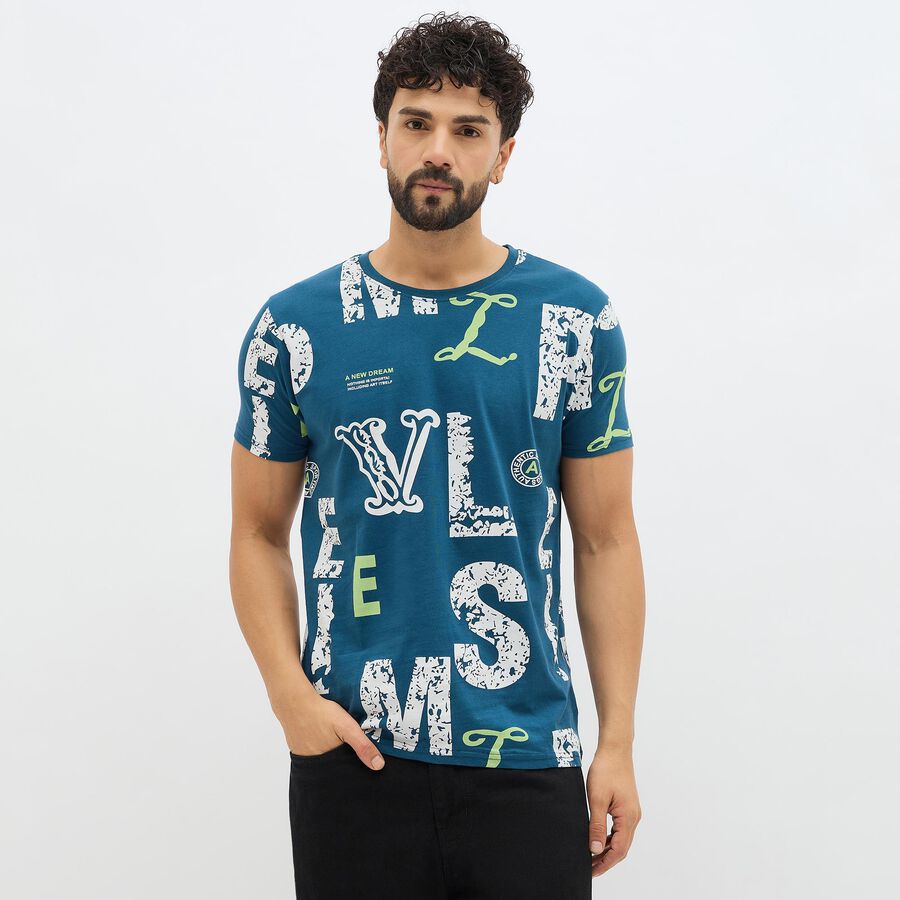 Men's Deep Teal Cotton Round Neck Graphic T-Shirt, गहरा नीला, large
