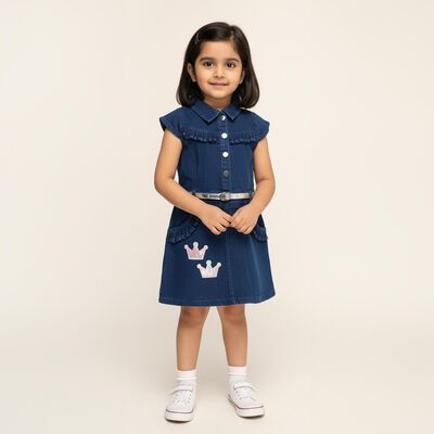 Girls' Deep Indigo Blue Ruffled Denim Frock