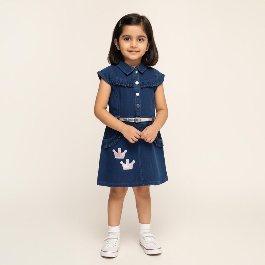Girls' Deep Indigo Blue Ruffled Denim Frock, मध्यम नीला, large image number null