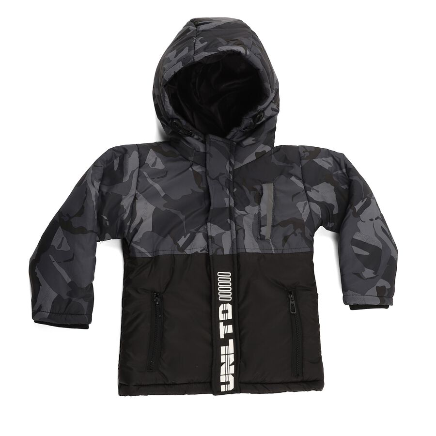 Boys' Black and Grey Hooded Casual Jacket, Mid Blue, large image number null