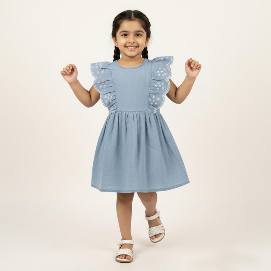 Girls' Light Blue Embroidered Sleeveless Flared Frock, Light Blue, large image number null