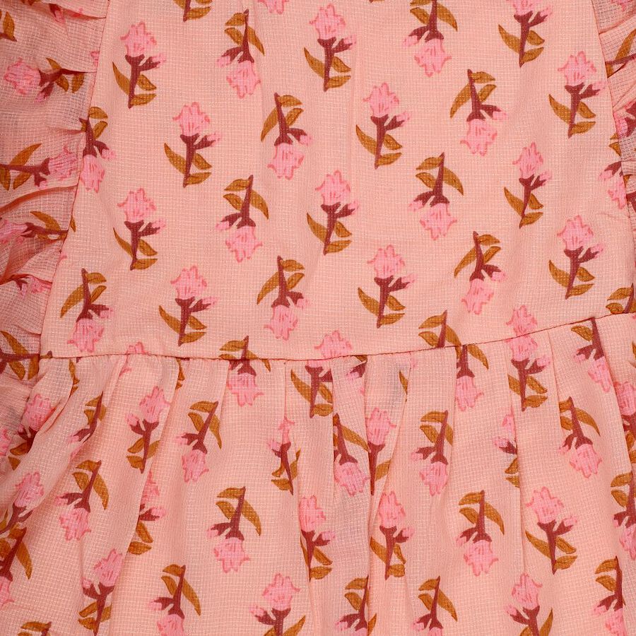 Girls' Peach Sleeveless Floral A-Line Dress, पीच, large