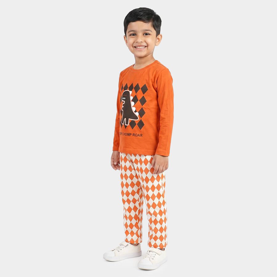 Boys Brown 100% Cotton Round Neck Graphic Print Baba Suit, Brown, large