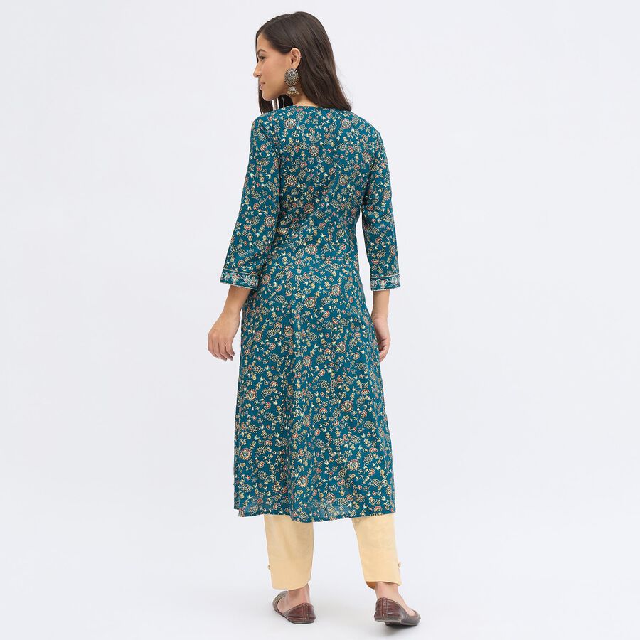 Women's Deep Peacock Blue Round Neck Embroidered Kurta, Teal Blue, large image number null