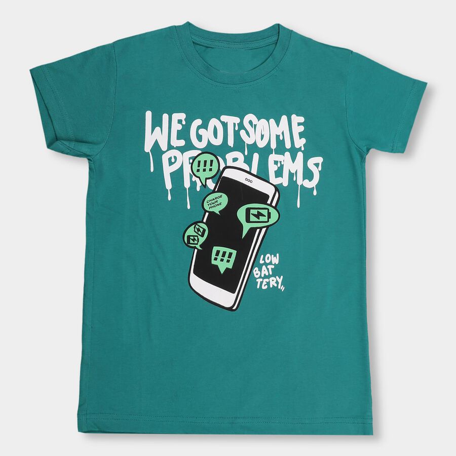 Boys' Bright Emerald Green Round Neck Graphic Print T-Shirt, Dark Green, large image number null