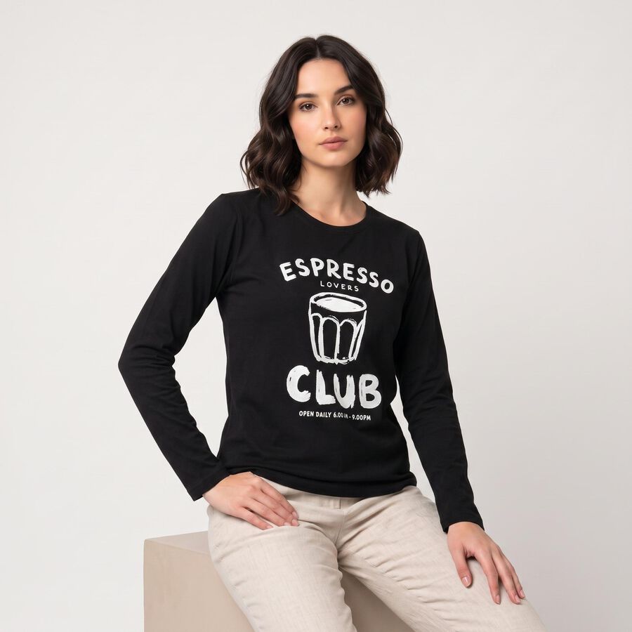 Women's Black Round Neck Regular Top, काला, large