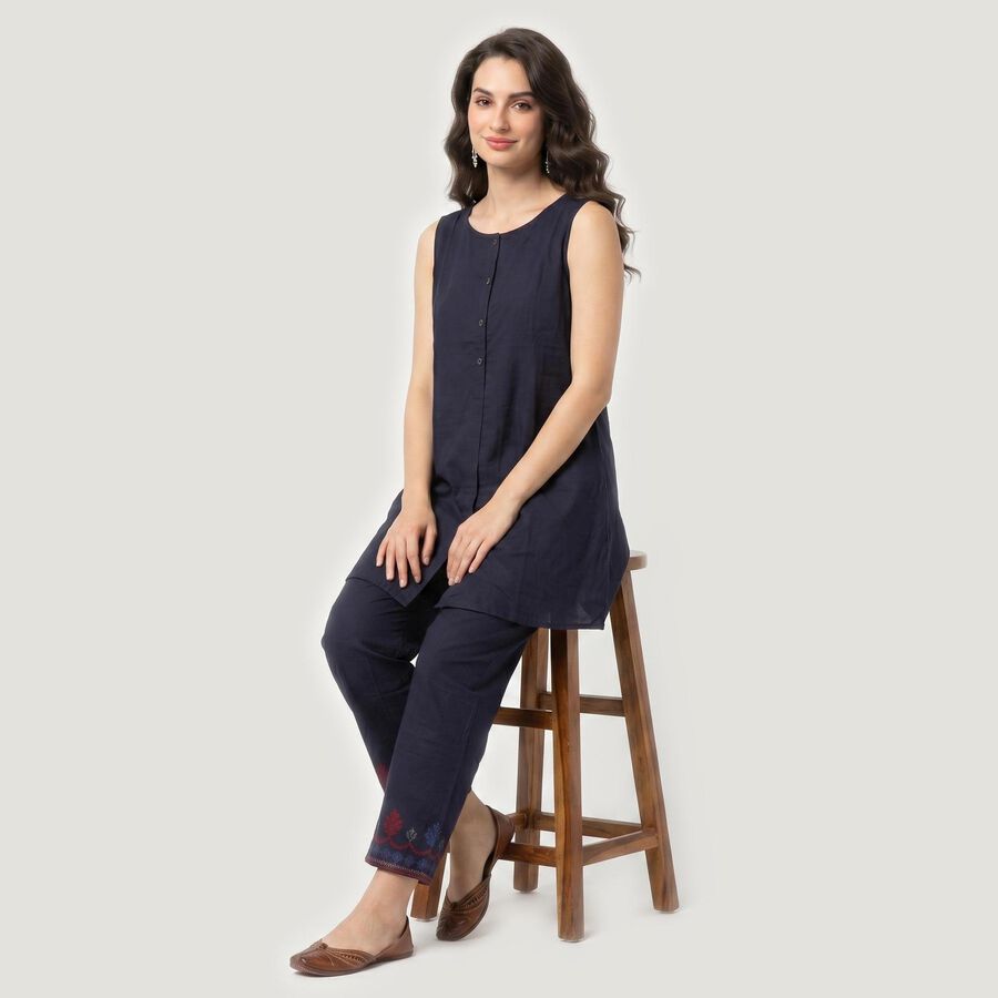 Women's Navy Blue Solid Ethnic Set, टील ब्लू, large