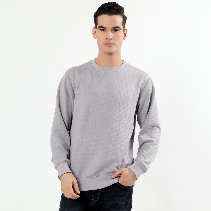 Men's Light Grey Crew Neck Textured Sweatshirt, हल्का ग्रे, large image number null