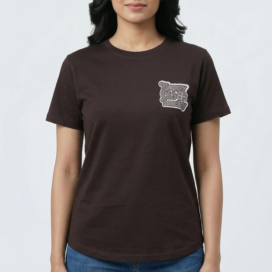 Women's Brown Round Neck Casual T-Shirt, भूरा, large