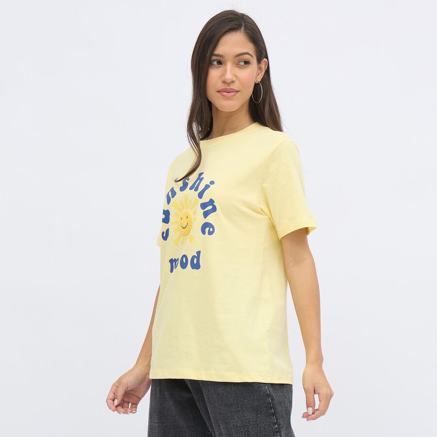 Women's Light Yellow Cotton Round Neck Casual T-Shirt, Yellow, large image number null