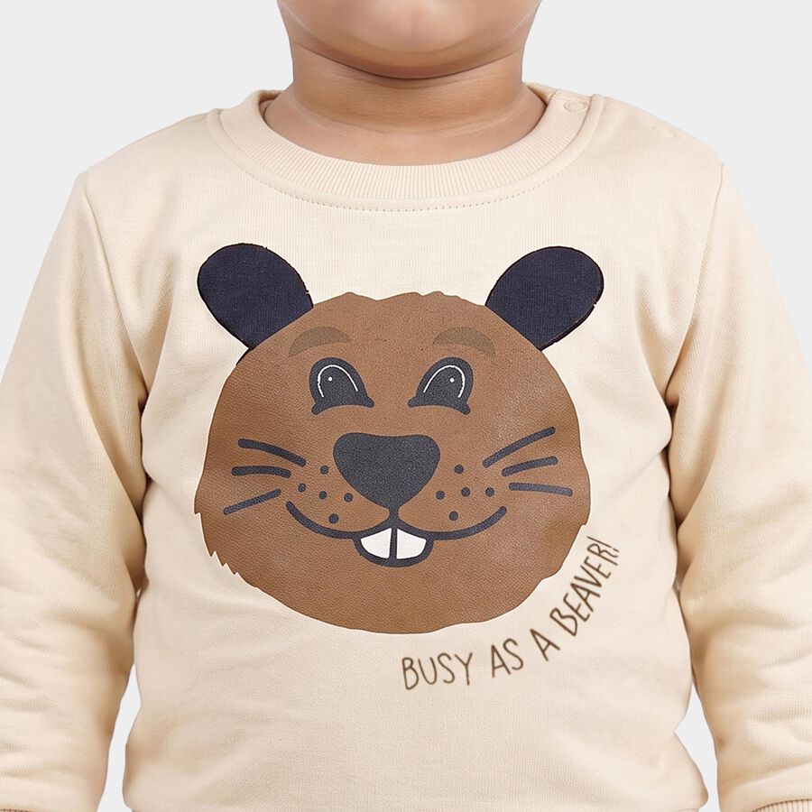 Infants' Beige Round Neck Graphic Baba Suit, Beige, large