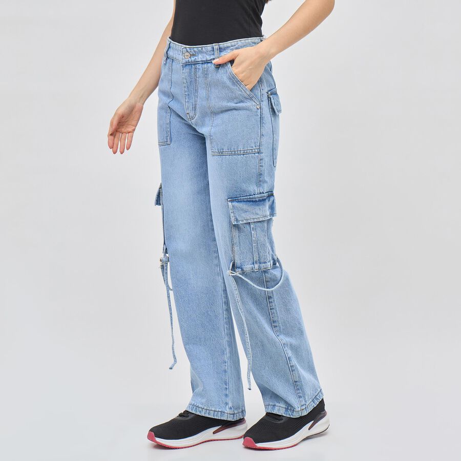 Women's Light Powder Blue Wide Leg Cargo Jeans, हल्का नीला, large image number null